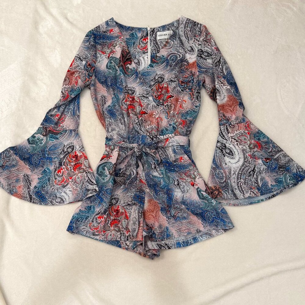Paisley romper - blue orange and white.